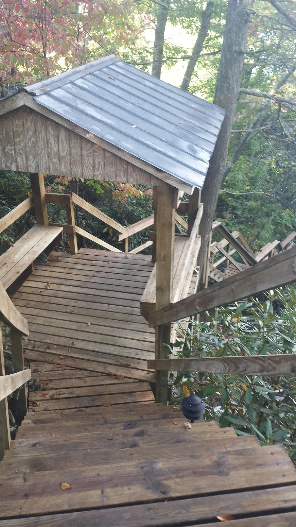 Metal roofed shelter over wooden steps on a wooded walkway — Skylight Repair & Installation work by our crew in Forest Lakes